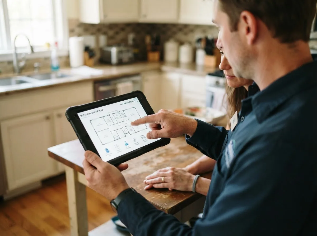Water damage restoration technician inspecting a home in Sunland Park, NM